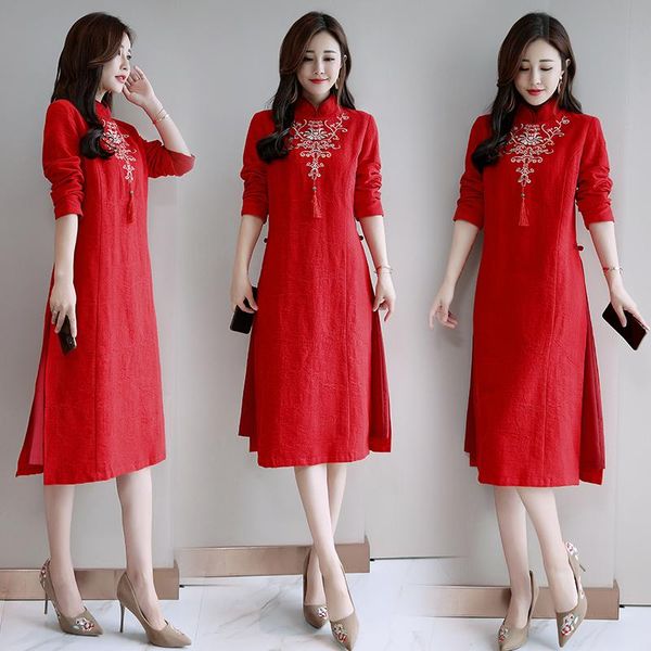 

ethnic clothing spring dresses chinese traditional wear modern embroidered long vintage qipao improved cheongsam, Red