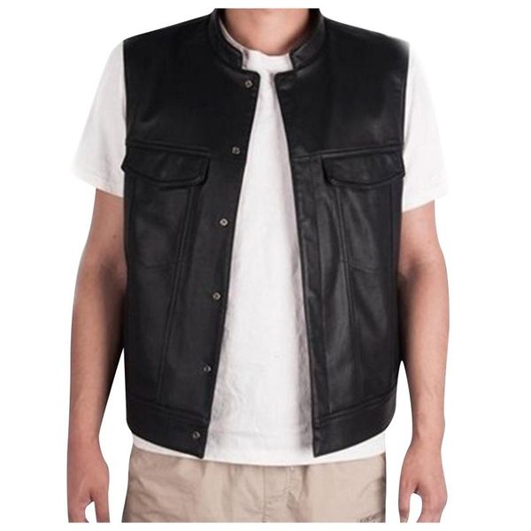 

men's vests men fashion motorcycle leather button vest cool clubwear vintage punk stand neck jacket autumn solid color mens clothing, Black;white