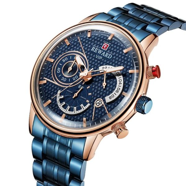 

wristwatches reward men's blue stainless steel quartz watches fashion casual chronograph analogue wristwatch for man waterproof luminou, Slivery;brown