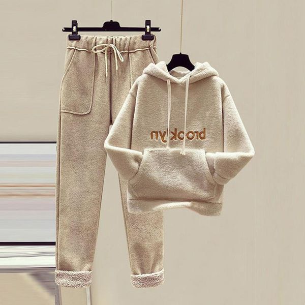 

two piece set fashion wool women tracksuits suit embroidery fleece cloth wide legged pants long sleeve clothing wbxc49, Gray