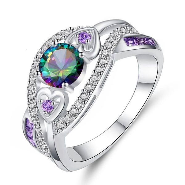 

women fashion oval 5pcs heart colorful zircon rings birthday party wedding jewelry gifts ring size 6 7 8 9 g-67, Silver