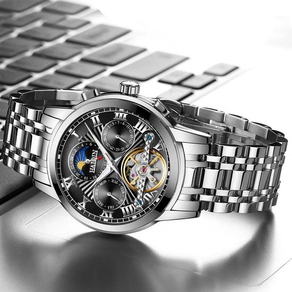 

wristwatches men's watch haiqin classic elegant moon phase full steel for men military beijing automatic mechanical clock reloj hombre, Slivery;brown