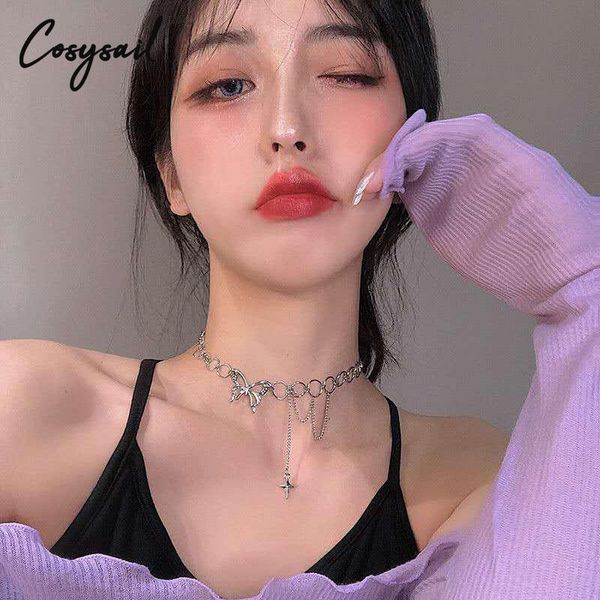 

cosysail kpop punk hollow butterfly round circle choker necklace cross tassel chain for women halloween party jewelry chokers, Golden;silver