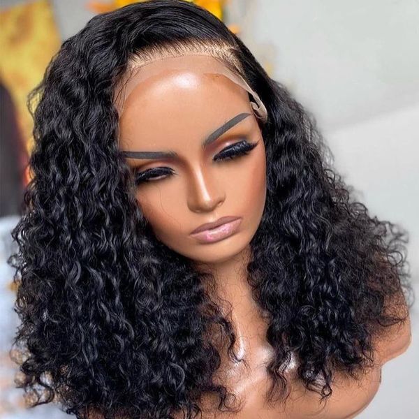 

lace wigs xcurly deep wave bob human hair jerry kinky curly 4x4 closure wig loose water frontal for black woman, Black;brown
