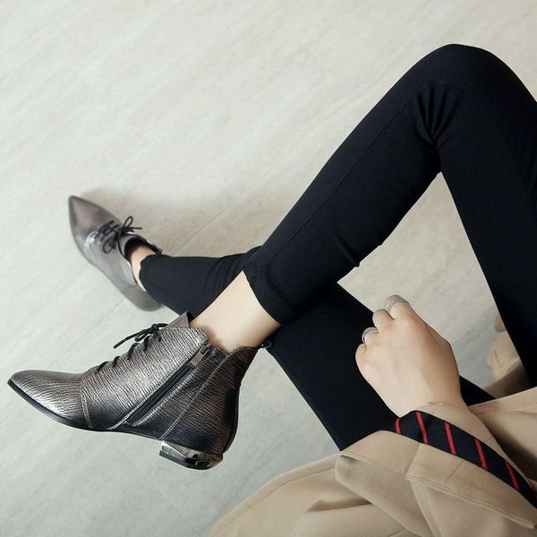 

boots ods botas mujer women's winter flats genuine leather ankle handmade woman shoes female footwear ladies pointed toe 34-42, Black