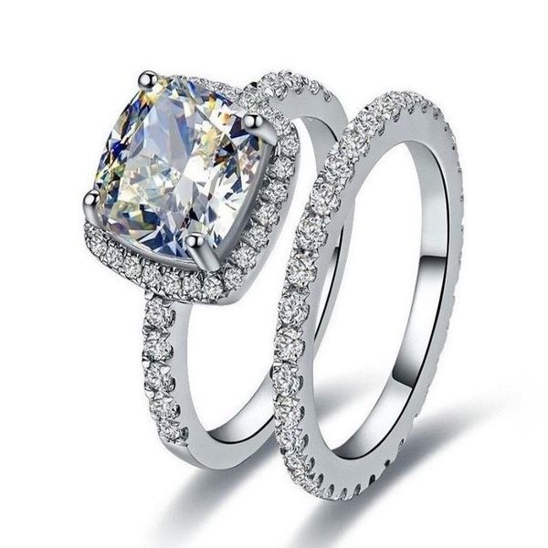 

cluster rings 2ct silver set excellent synthetic cushion ring engagement genuine 0.55ct infinity promise wedding band s925, Golden;silver