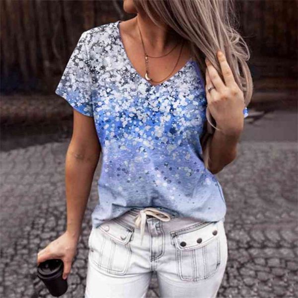 

tee shirt femme summer gradient printing v neck short sleeve t women casual loose plus size female streetwear 210603, White