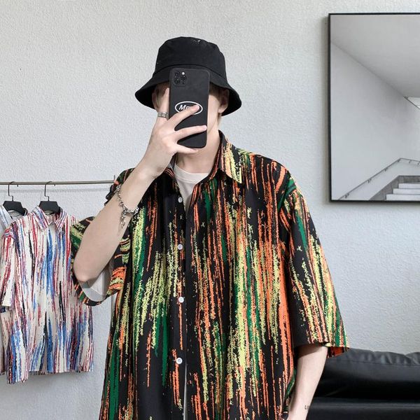 

men's casual shirts summer striped print 2021 hawaii beach short sleeves korean style shirt for harajuku blouses camisa homme, White;black