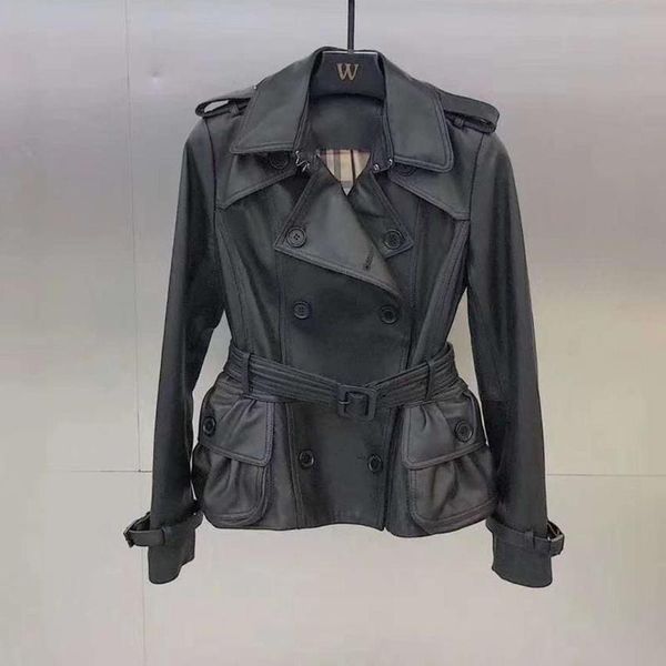 

women's leather & faux women coat spring arrival real sheepskin coats genuine jacket with sashes outerwear suede short style jackets, Black