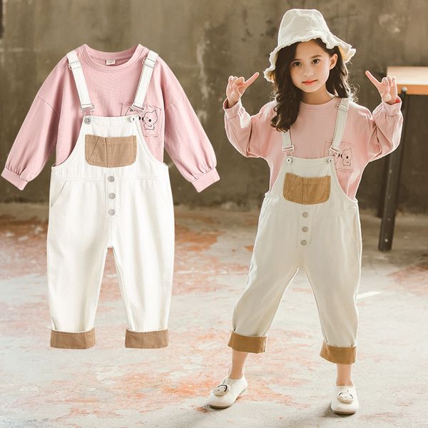

girls sweatshirts +pants sets kids spring autumn retro cotton long sleeve teenagers sport tracksuits outfits, White