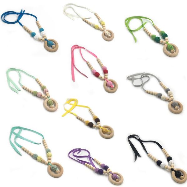 

baby pacifiers necklace multi-colored diy pacifier holders molar natural wood toy crochet wool beads yl529