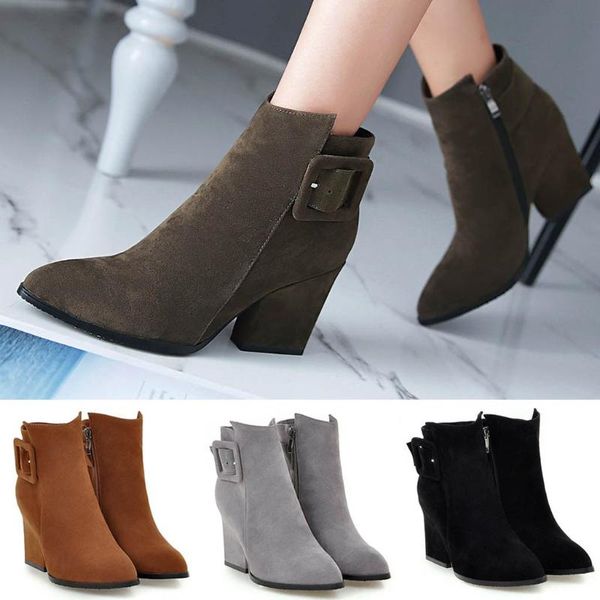 

boots women 2021 autumn & winter fashion pure color pointed toe zipper chunky heels vintage square ankle, Black