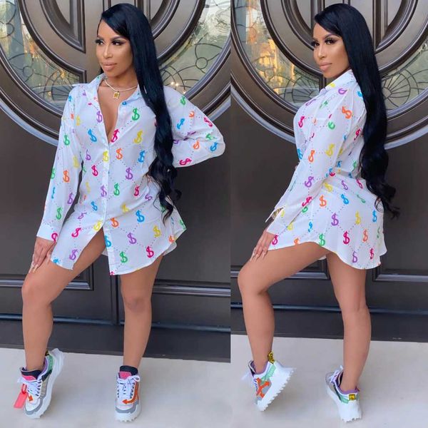 

us dollar printed shirt dress women money beach wear long sleeve turn-down collar white dress party clothings dropshippinging, Black;white