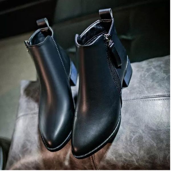 

boots wedge heel spring autumn warm women ankle solid zipper footwear thick middle casual synthetic pu pointed toe, Black
