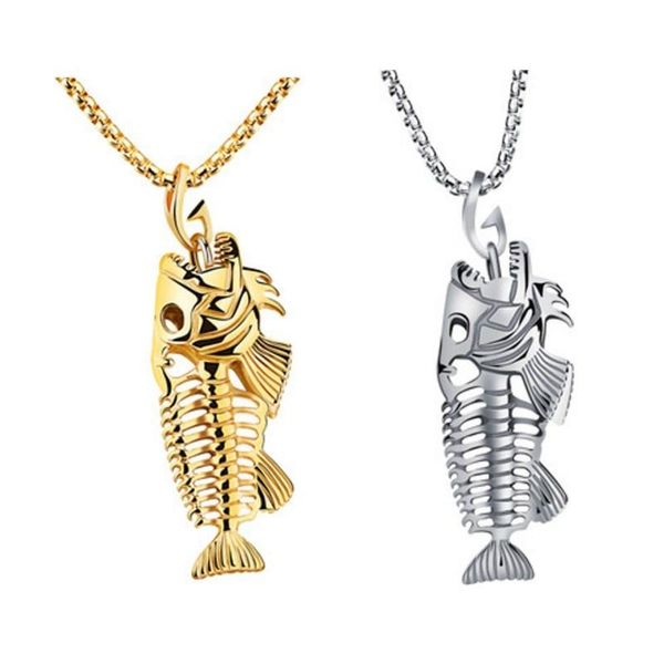 

pendant necklaces fish bone necklace stainless steel fishing hook skeleton gold chain for women men punk charm choker jewelry, Silver