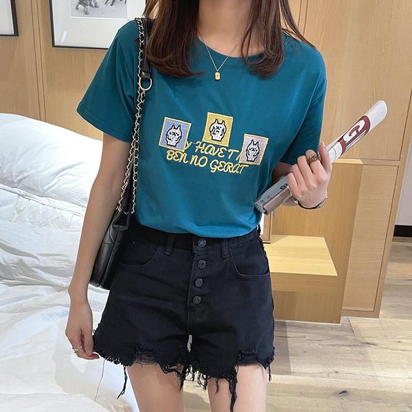 

women's t-shirt t-shirts summer shirt cute embroidery cotton round neck short-sleeved harajuku sweet and loose y2k woman tshirts, White