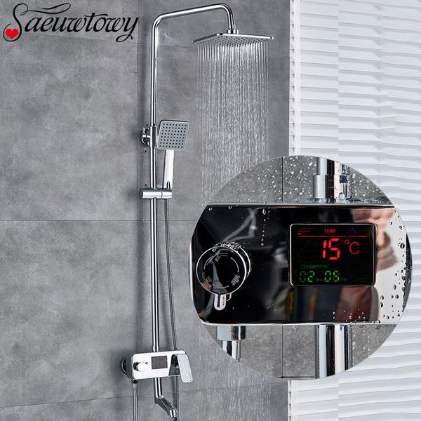 

8" chrome digital shower faucet single handle bath system anti ironing temperature display mixer bathroom sets