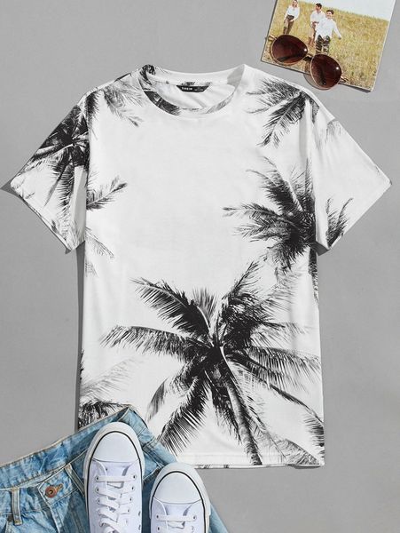 

men tropical print tee 80ol#, White;black