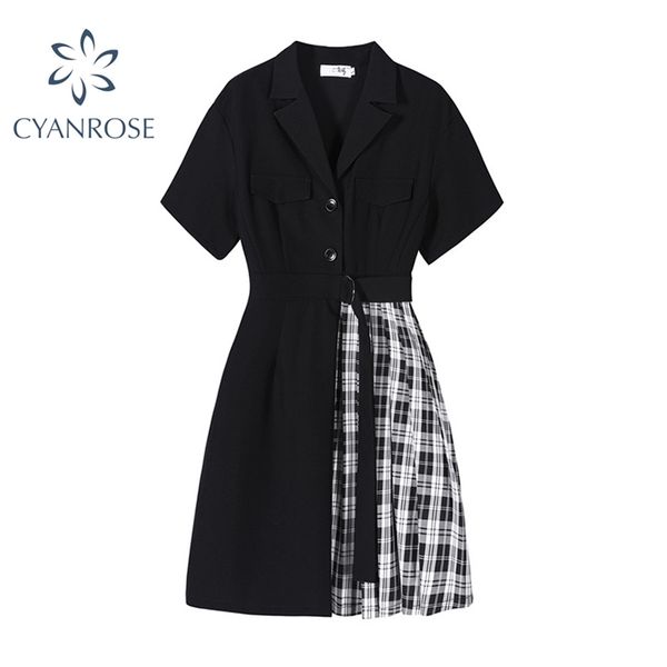 

patchwork plaid dress women korean casual black with belt short sleeve blazer dresses lady trendy waist corset irregular vestido 210430, Black;gray