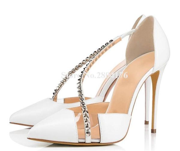 

dress shoes fashion women pointed toe pvc patchwork stiletto heel rivet pumps white black studded high heels formal