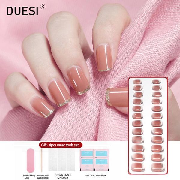 

24pcs/set french short false nails artificial tips full cover design press on fingernails fake extension with sticker glue1, Red;gold