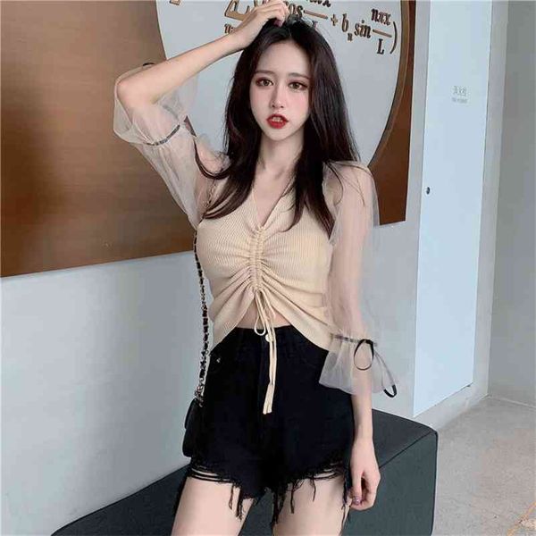 

spring solid female v-neck short patchwork knitted women design drawstring t-shirt ladies blouse 210519, White