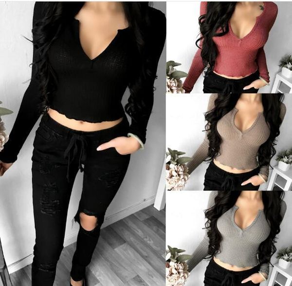 

women's t-shirt spring auntumn women short t-shirts deep v-neck long sleeve solid slim fit 2021 ladies wrap t shirt crop tees, White