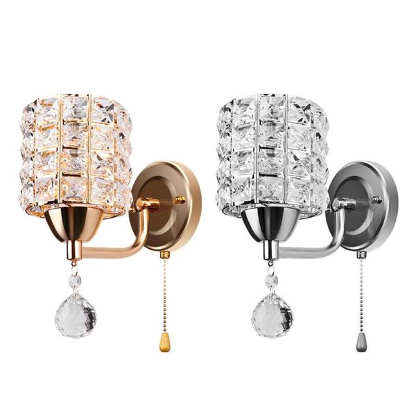 

modern style wall light cylinder crystal holder with pendant and pull switch ac 85-250v e14 socket lamp gold/silver lamps