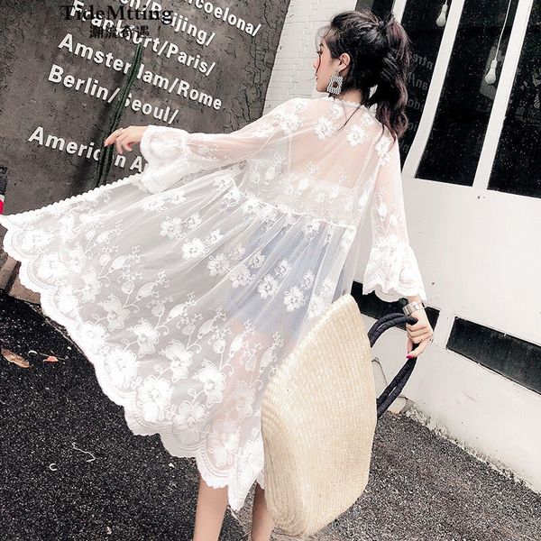 

wool summer outside cardigan sunscreen women's clothes will see long jacket chiffon tulle flower shawl woman's lace shirt k293 fg9, Black