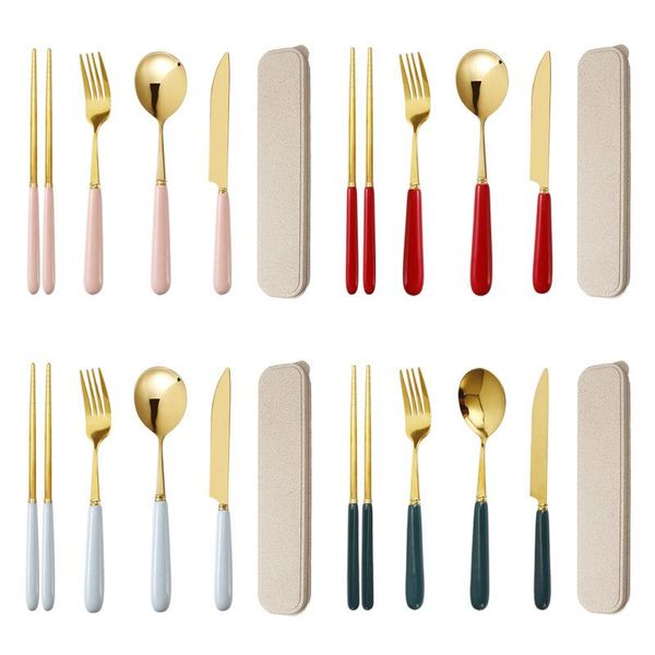 

gold-plated glazed ceramic handle 304 stainless steel portable tableware set steak cutlery chopsticks western dinnerware sets