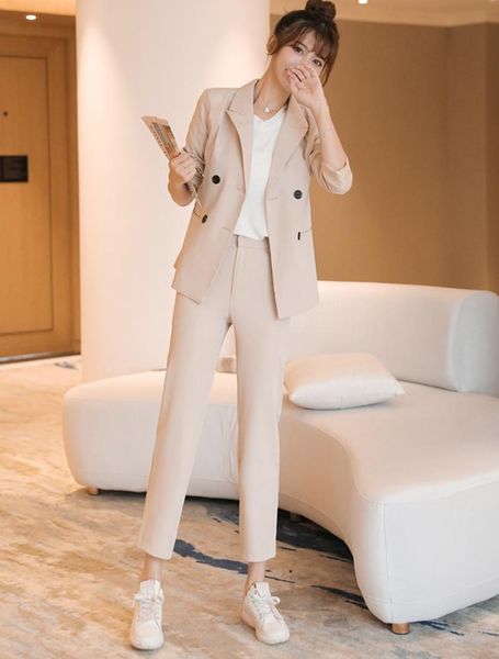 

women's two piece pants spring autumn office suit two-piece pantsuit elegant blazer girly female set casual loose jacket work clothes, White