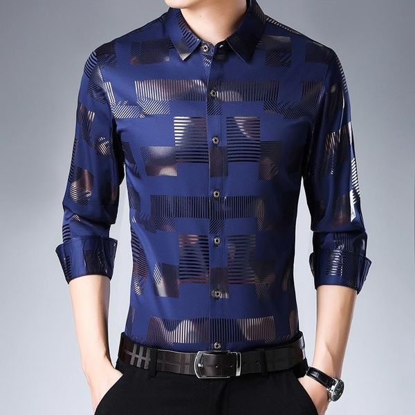 

men's casual shirts long male printed shirt sleeve men clothes dress slim fit plaid camisa social masculina, White;black