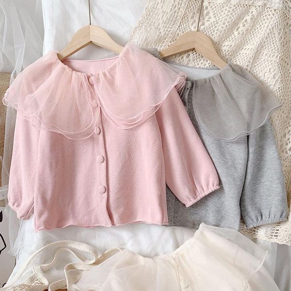 

jackets spring autumn knitted sweater korean style mesh lapel solid color blouse long sleeves jacket for girls children's outerwear, Blue;gray