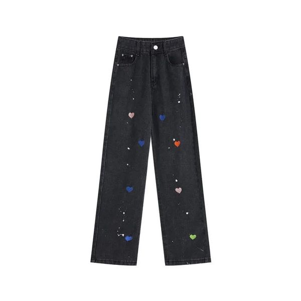 

women's jeans fashion embroidery heart shape denim pants high waist wide legs black straight trousers streetwear clothes 2021, Blue