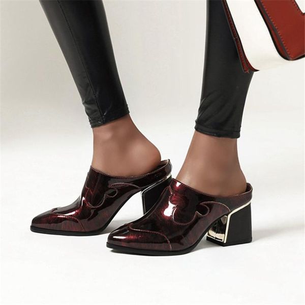 

slippers pxelena retro patent leather slides women pointy toe chunky block high heel summer lady mules shoes plus size 34-43, Black