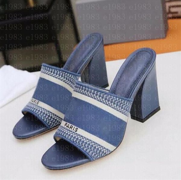 

2021summer womens high heels slippers striped ladies casual scuffs block heel sandals outdoor shopping letters slippers box, Black