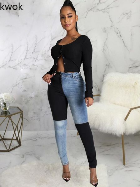 

women's jeans olivekwok 2021 woman fashion patchwork pencil pants casual full length black, Blue