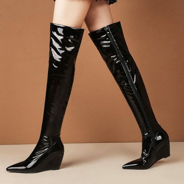 

boots 2021 women zipper over the knee soft patent leather wedges heel long autumn winter pointed toe shoes woman 34-45, Black
