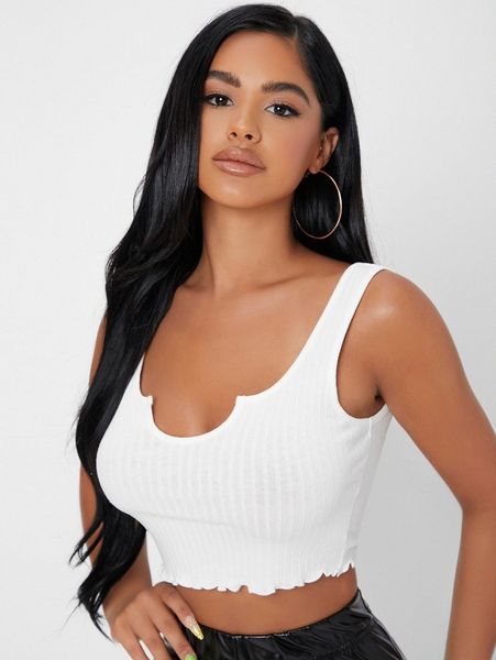 

petite notch neck lettuce trim rib-knit tank y225#, White