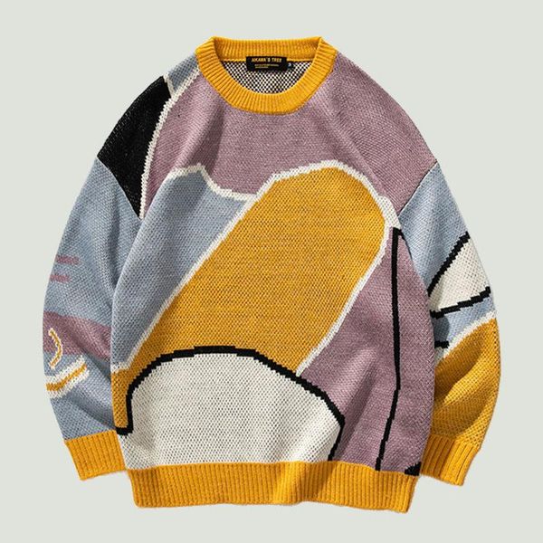 

men's sweaters korean fashion patchwork knitted mens harajuku casual wool o-neck loose pullover sweater 2021 winter oversized clothes, White;black