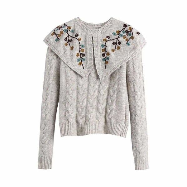 

fall winter women embroider knit sweater peter pan collar long sleeves casual fashion women sweaters pullovers 210709, White;black