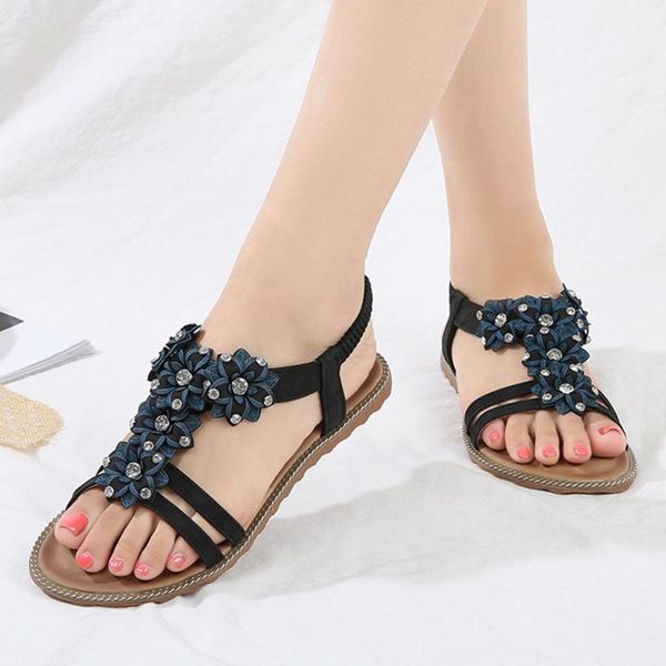 

pu leather women sandals rhinestone gladiator roma shoes ladies comfort low heel mules flats casual sandalias, Black