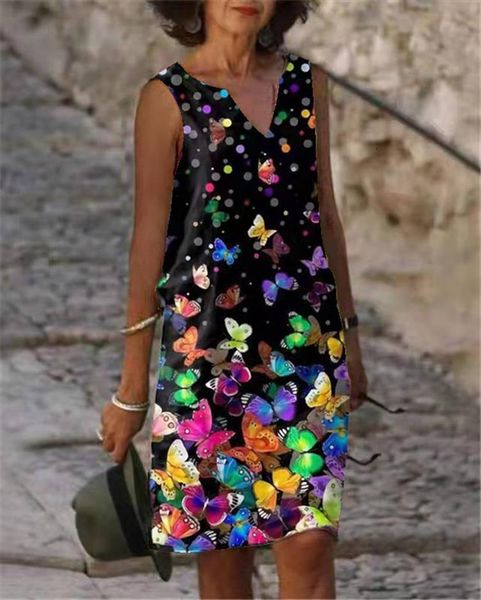 

fashion sleeveless large size women dress casual printed loose, Black;gray