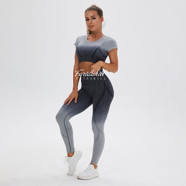 

yoga outfit 2 piece short sleeve workout clothes for women sports bra and leggings pant nice grey set faridahill