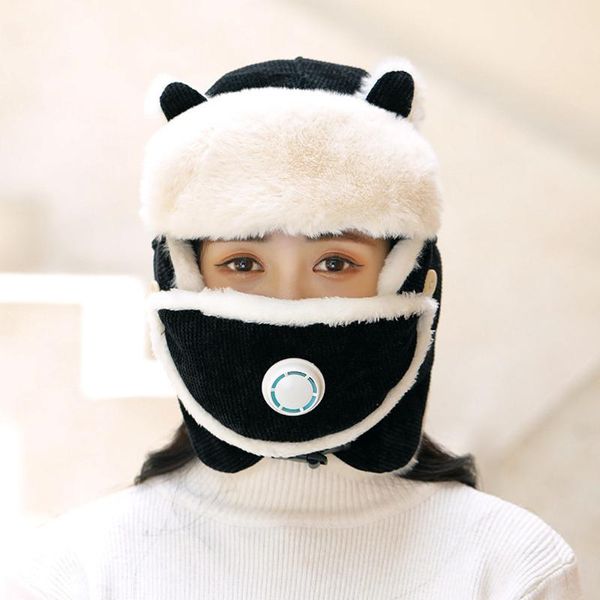 

berets windproof warm hat men women bomber faux fur ear flap cap winter ski trooper solid color cotton with face mask, Blue;gray