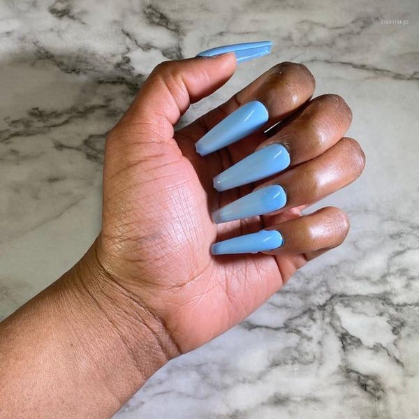 

blue coffin long fake nails with glue sticker artificial ballerina faux ongles french manucure tips impress press on false1, Red;gold