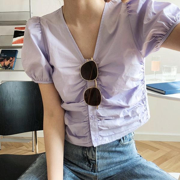 

women's blouses & shirts french v-neck pleated short shirt summer 2021 high waist casual blousers korean design bubble sleeve top, White