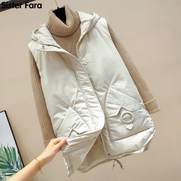 

women's vests sister fara 2021 women winter short hooded vest cotton padded jacket fashion female solid sleeveless waistcoat, Black;white