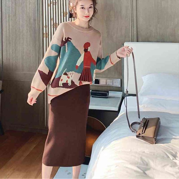 

winter fashion 2 pcs women set o neck cartoon girl print pullover knit sweater high waist hip solid skirt suit, White