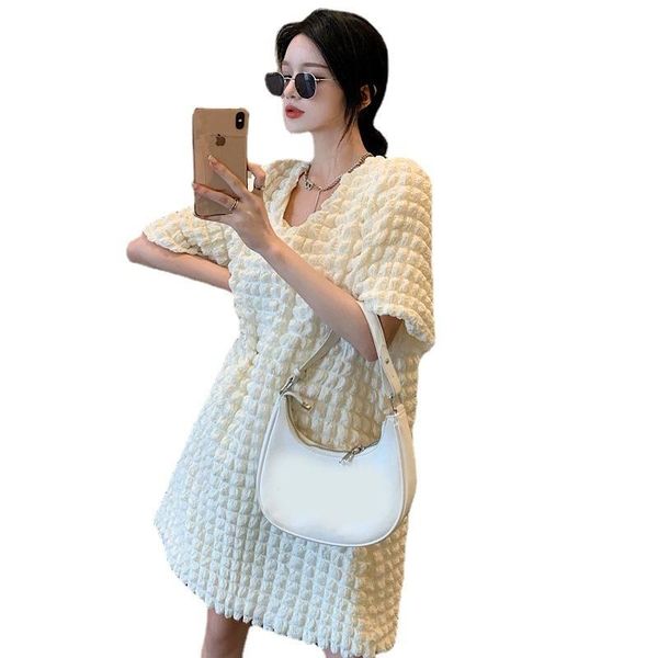 

women's swimwear girl's summer v-neck bubble sleeve dress cool loose thin straight holiday party solid fashion sexy, White;black